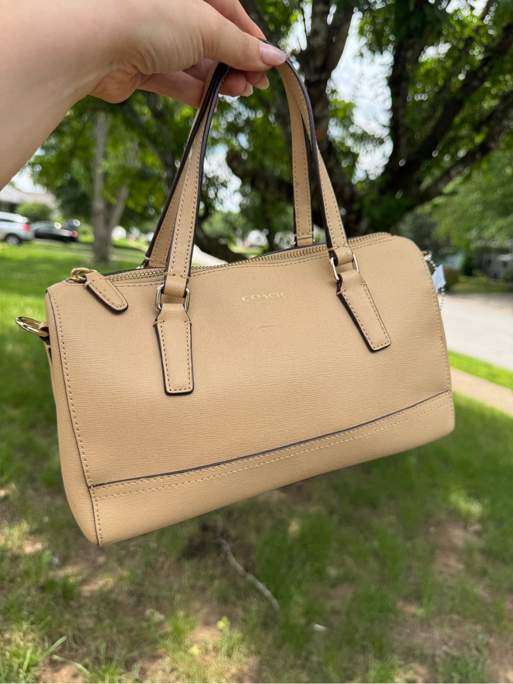 Coach Tan Saffiano Leather Satchel with Gold Hardware